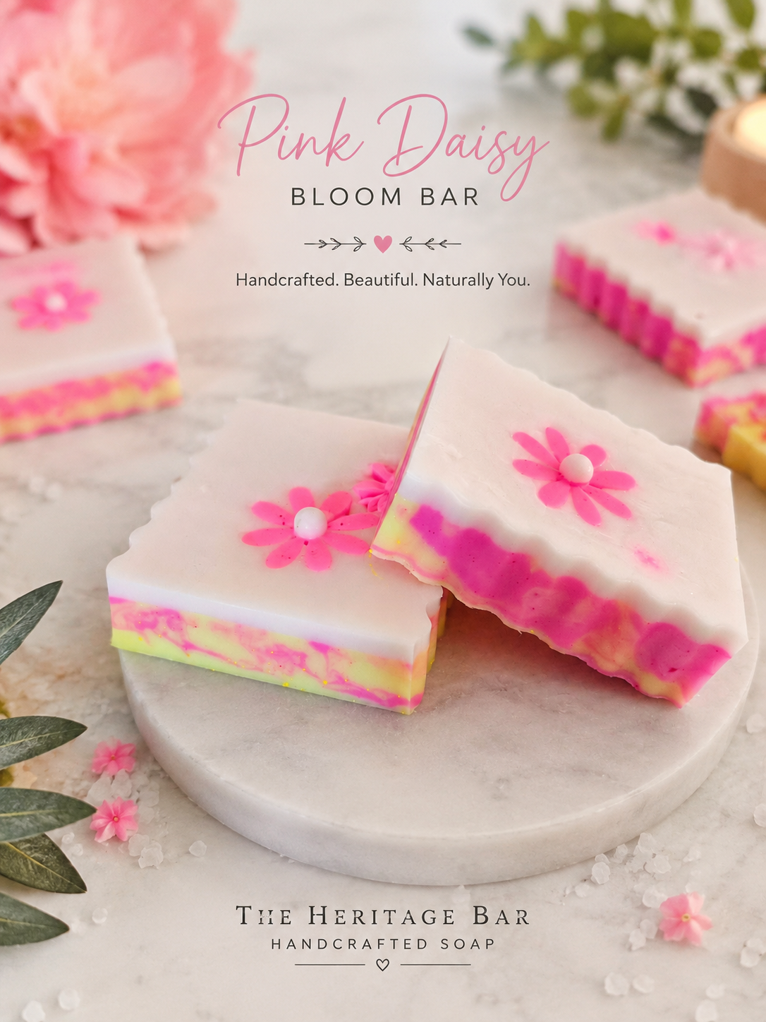 Pink Daisy Bloom Bar handcrafted artisan soap with daisy embellishments